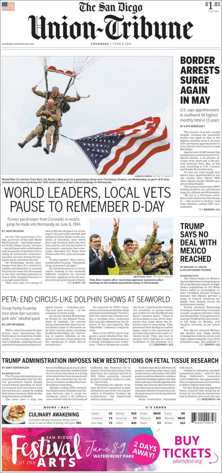 Portada de The San Diego Union-Tribune (USA)