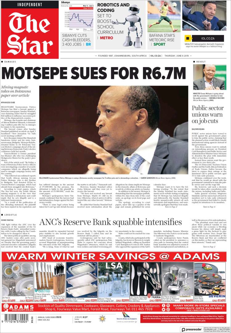 Portada de The Star (Sud&aacute;frica)