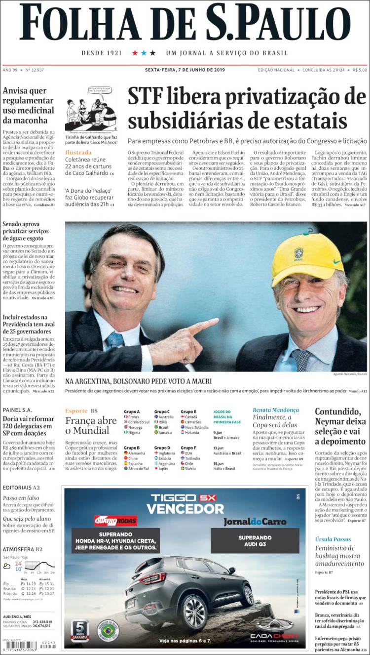 Portada de Folha de São Paulo (Br&eacute;sil)