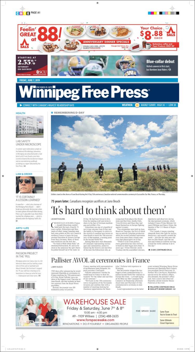 Portada de Winnipeg Free Press (Canada)