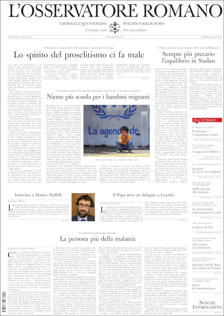 Portada de L'Osservatore Romano (Italie)