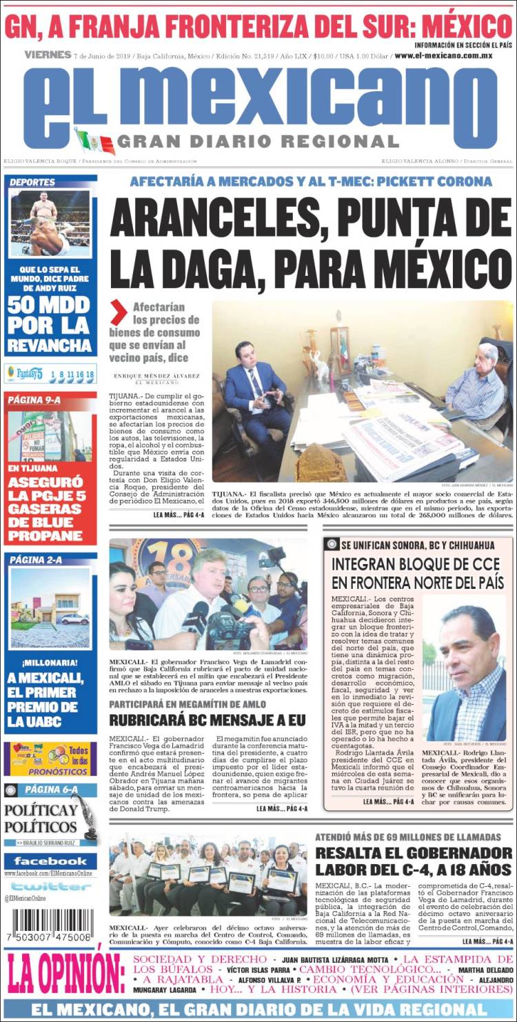 Portada de El Mexicano - El Gran Diario Regional (Mexique)