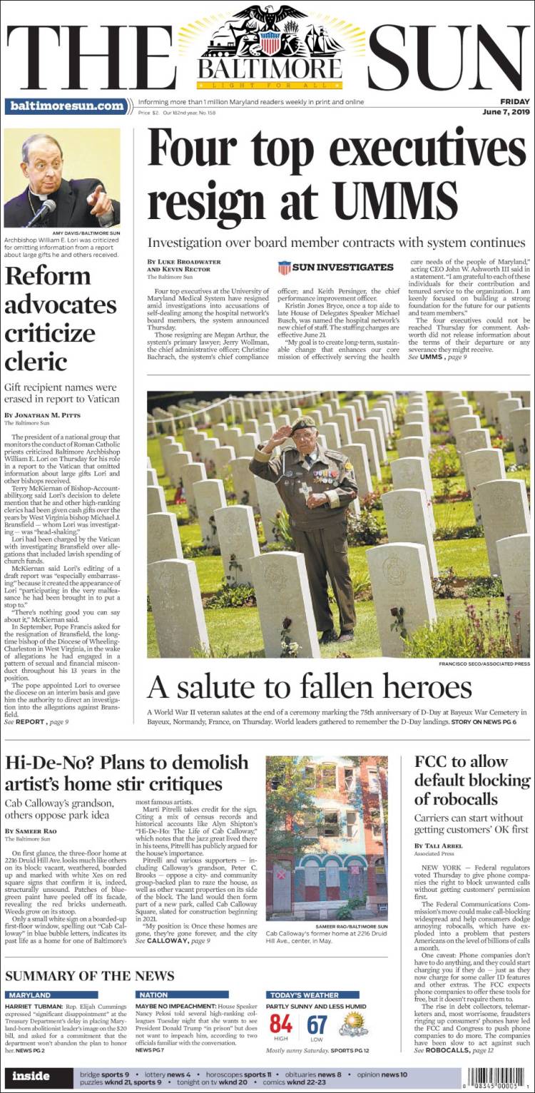 Portada de The Baltimore Sun (États-Unis)