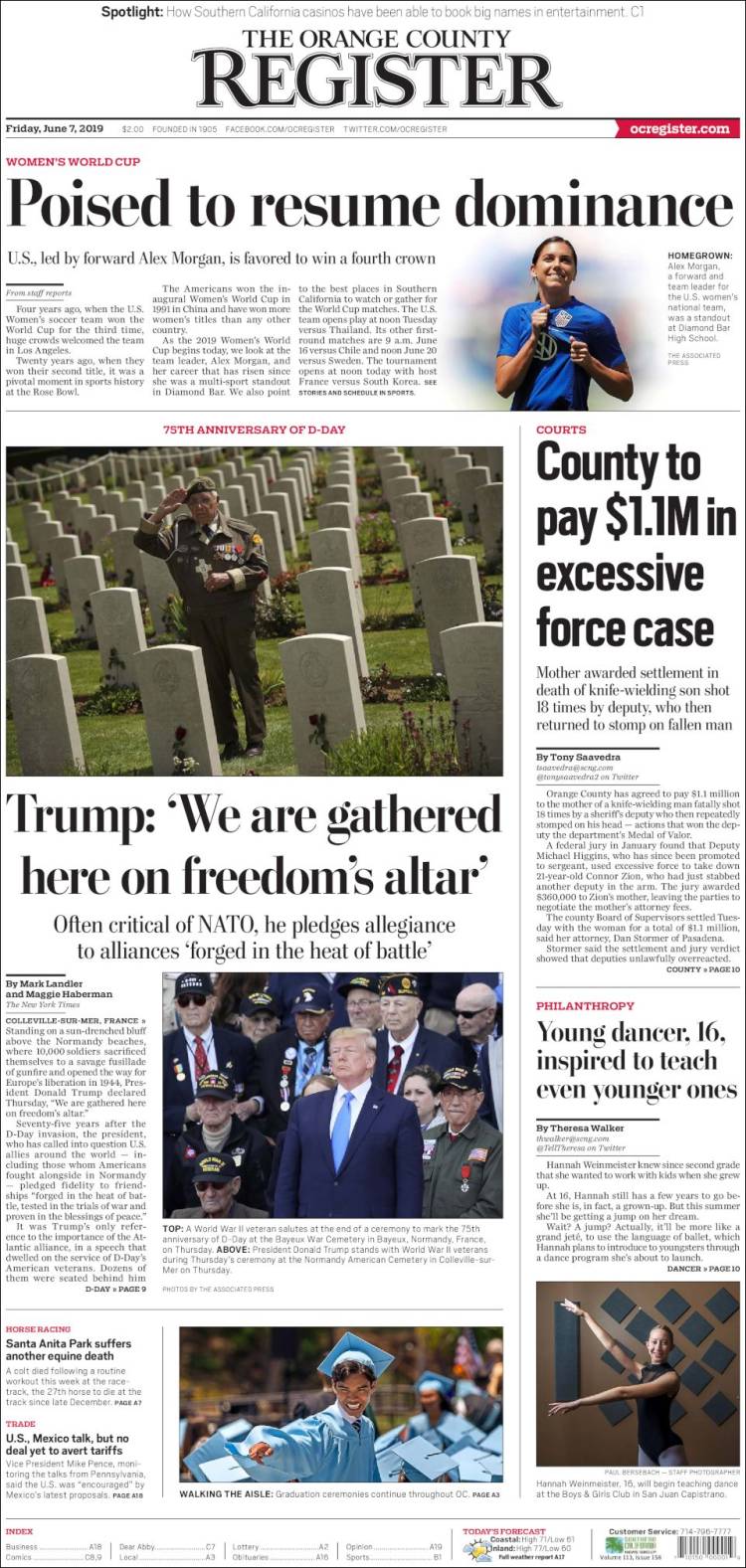 Portada de The Orange County Register (USA)