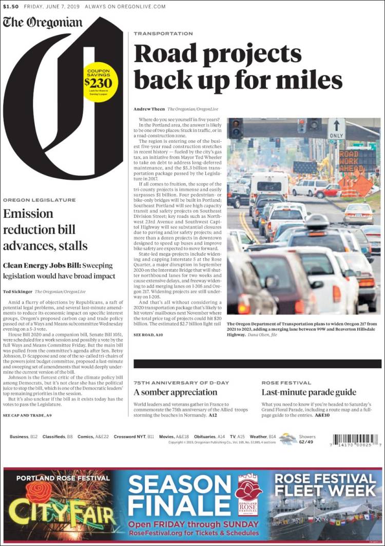 Portada de The Oregonian (USA)