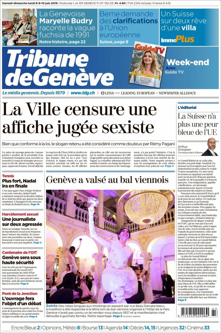 Portada de La Tribune de Genève (Suiza)