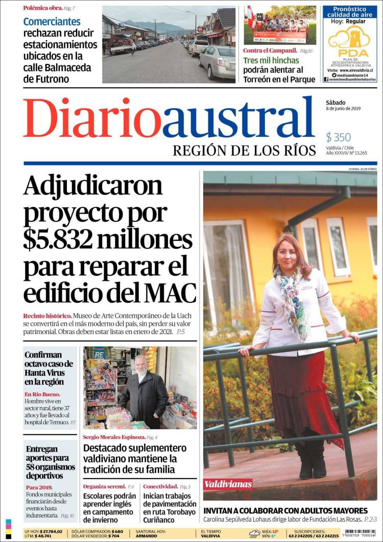 Portada de El Diario Austral de Valdivia (Chile)