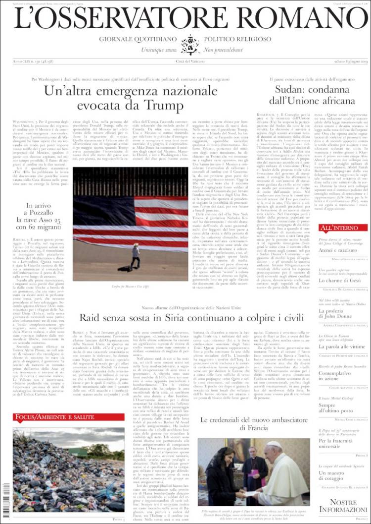 Portada de L'Osservatore Romano (Italia)