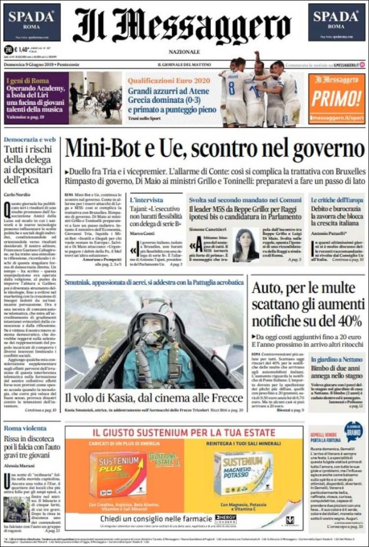 Portada de Il Messaggero (Italia)