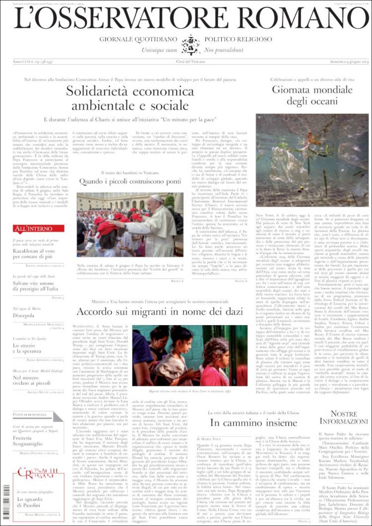Portada de L'Osservatore Romano (Italia)