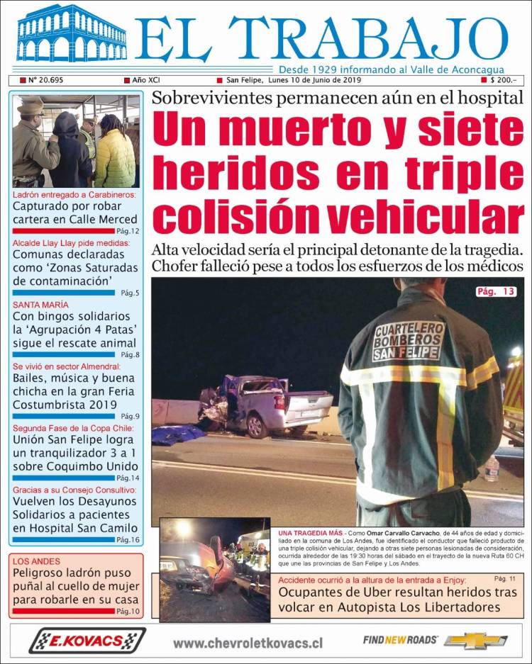 Portada de El Trabajo (Chile)