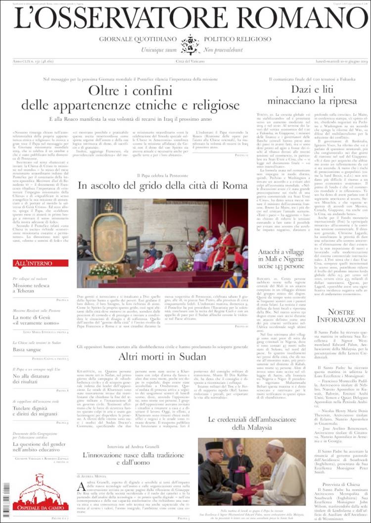 Portada de L'Osservatore Romano (Italia)