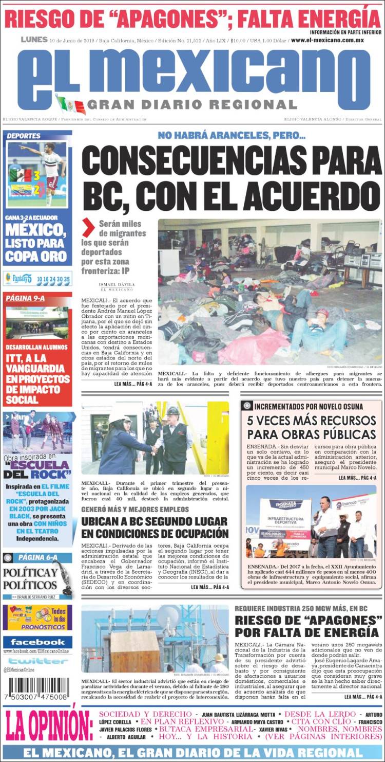 Portada de El Mexicano - El Gran Diario Regional (México)