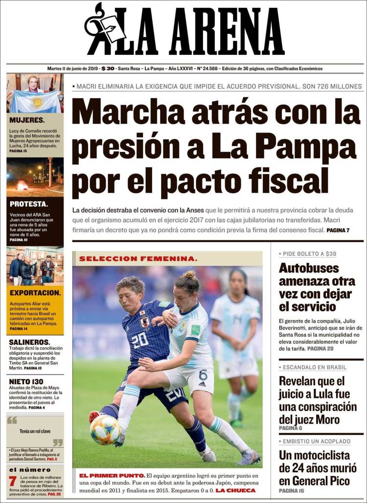 Portada de Diario La Arena (Argentina)