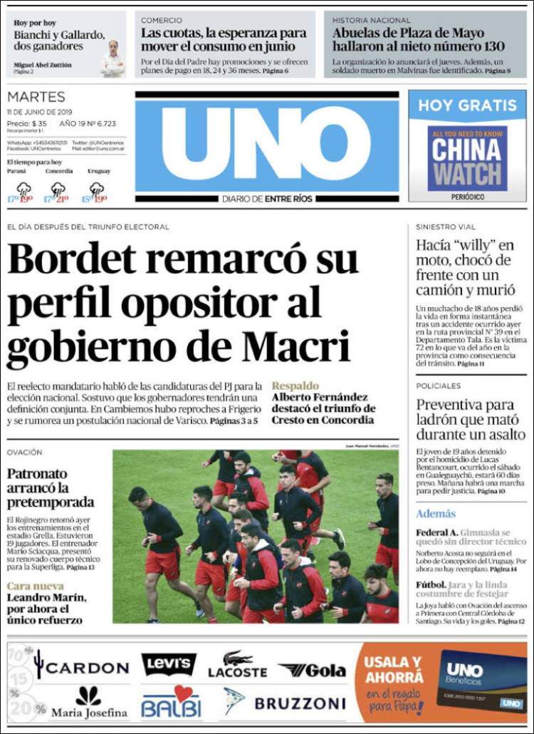 Portada de Diario Uno de Entre Ríos (Argentina)