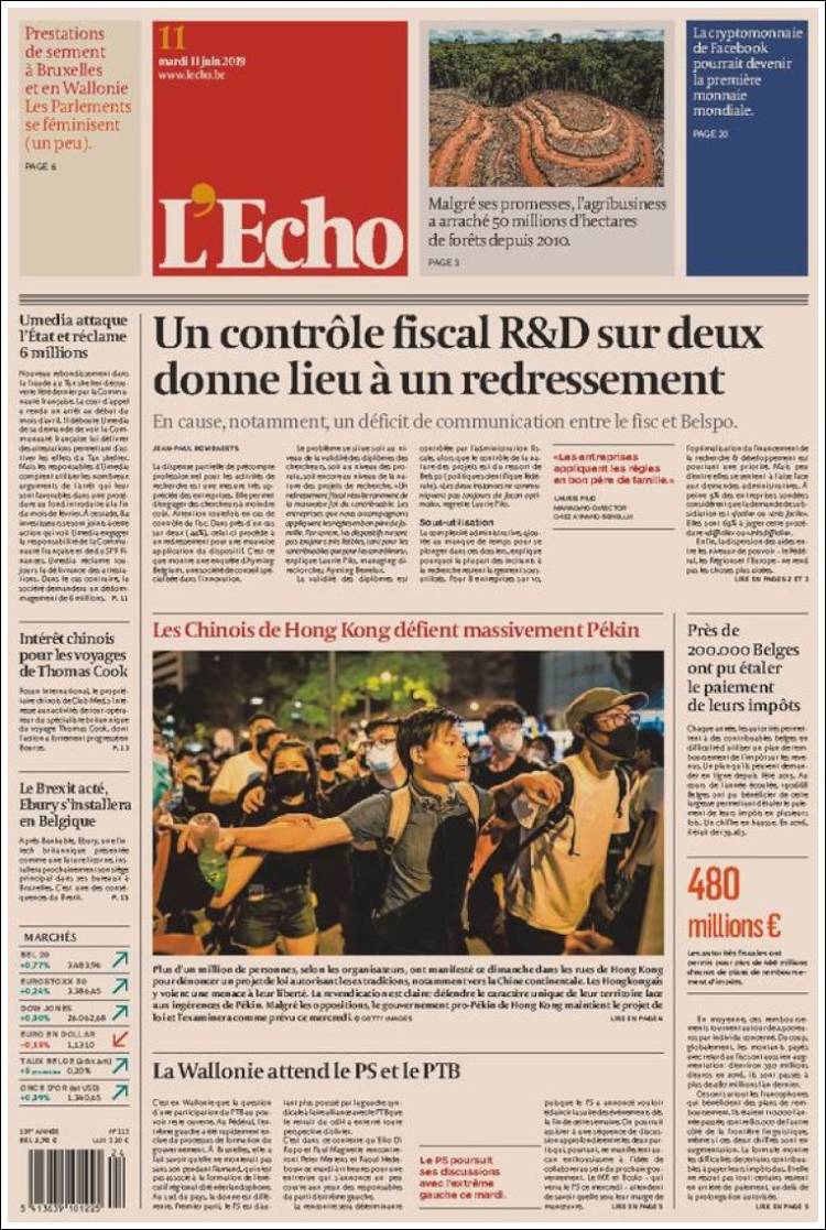 Portada de L'Echo (B&eacute;lgica)