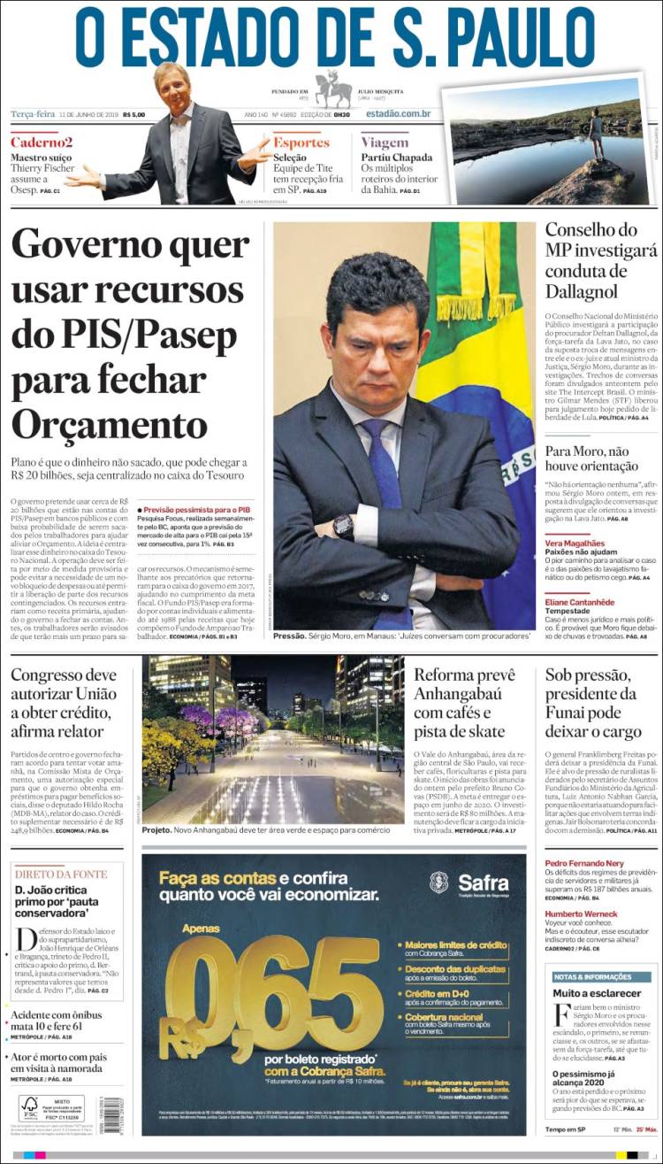 Portada de O Estado de São Paulo (Brasil)