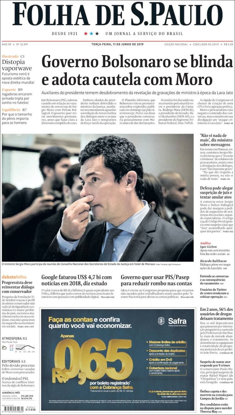 Portada de Folha de São Paulo (Brasil)