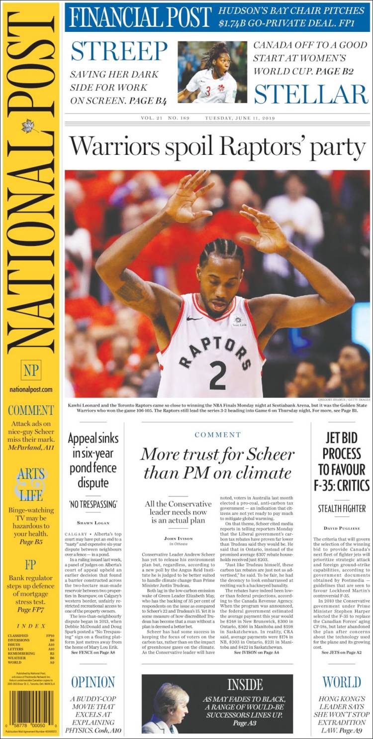 Portada de The National Post (Canadá)