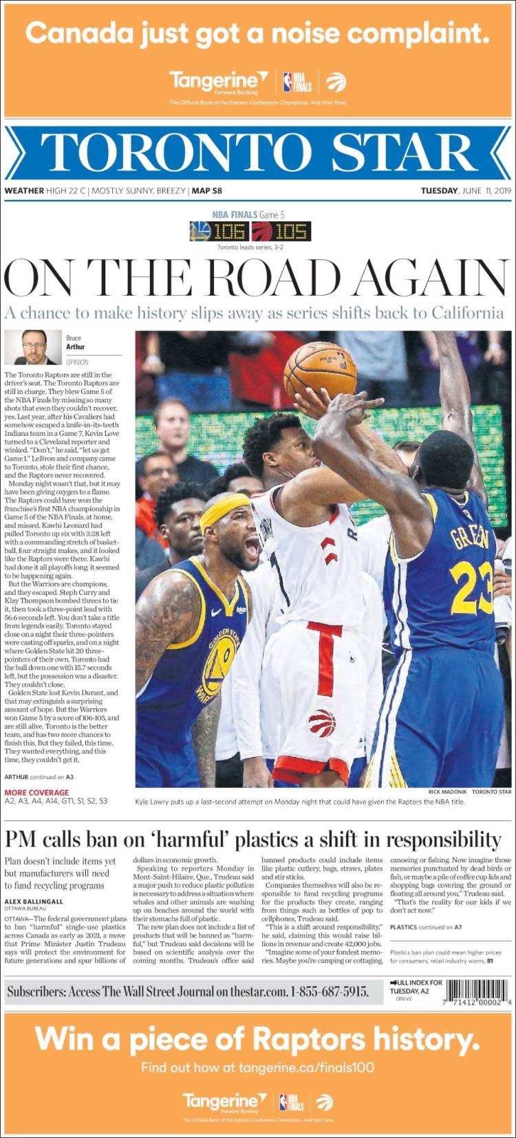 Portada de The Toronto Star (Canadá)