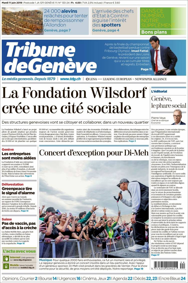 Portada de La Tribune de Genève (Suiza)
