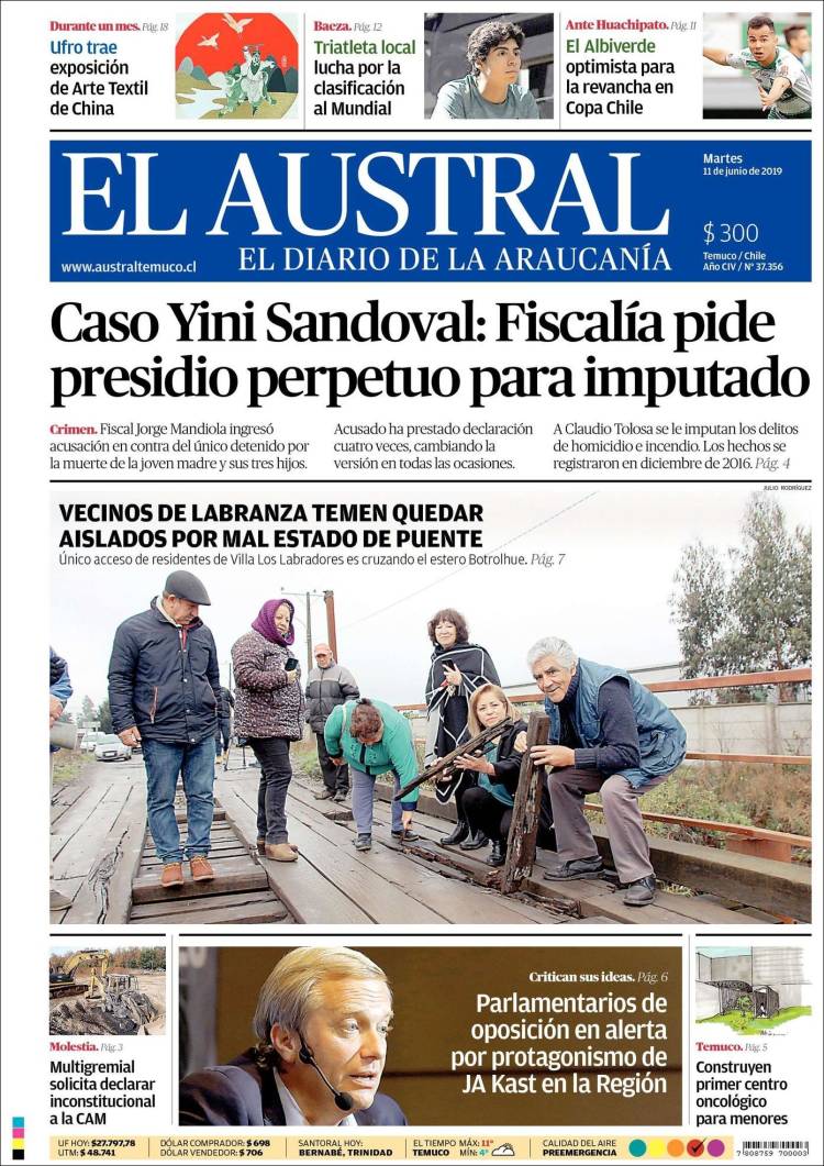 Portada de El Austral de Temuco (Chile)