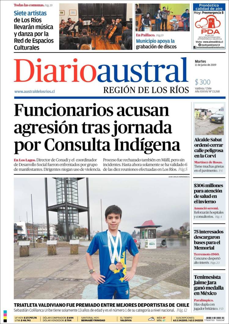 Portada de El Diario Austral de Valdivia (Chile)