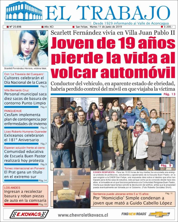 Portada de El Trabajo (Chile)