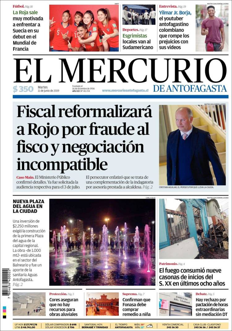 Portada de El Mercurio de Antofagasta (Chile)
