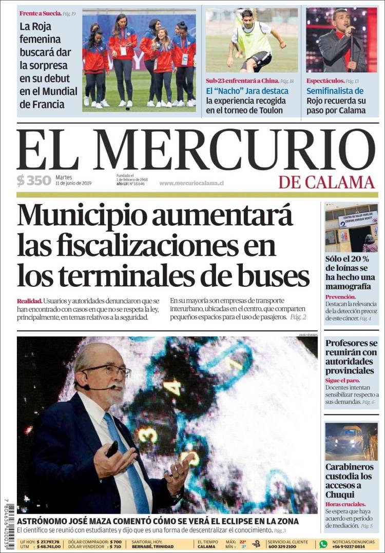 Portada de El Mercurio - Calama (Chile)