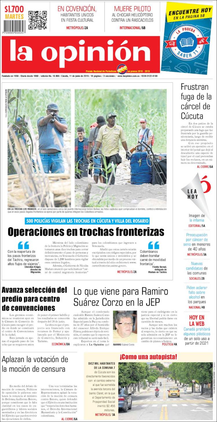 Portada de Diario La Opinion (Colombia)