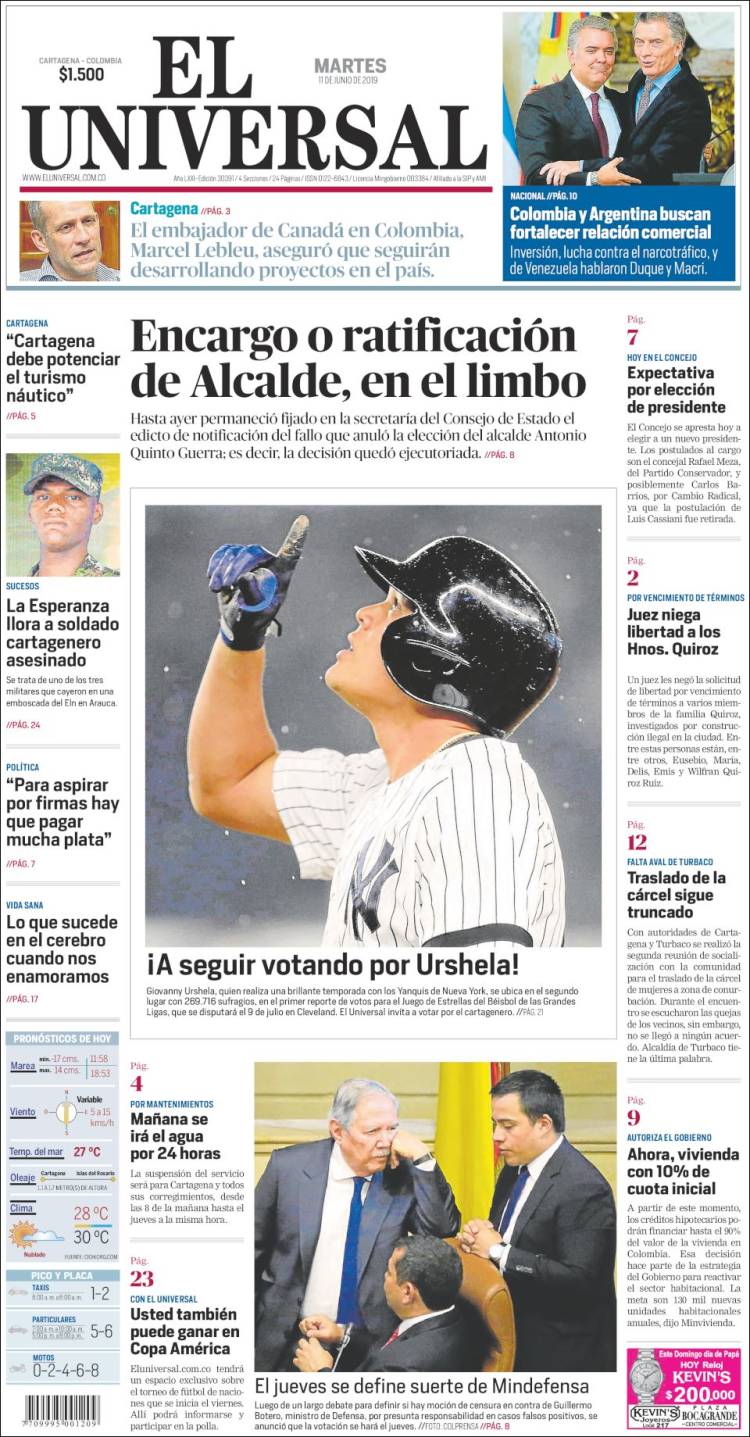Portada de El Universal (Colombia)