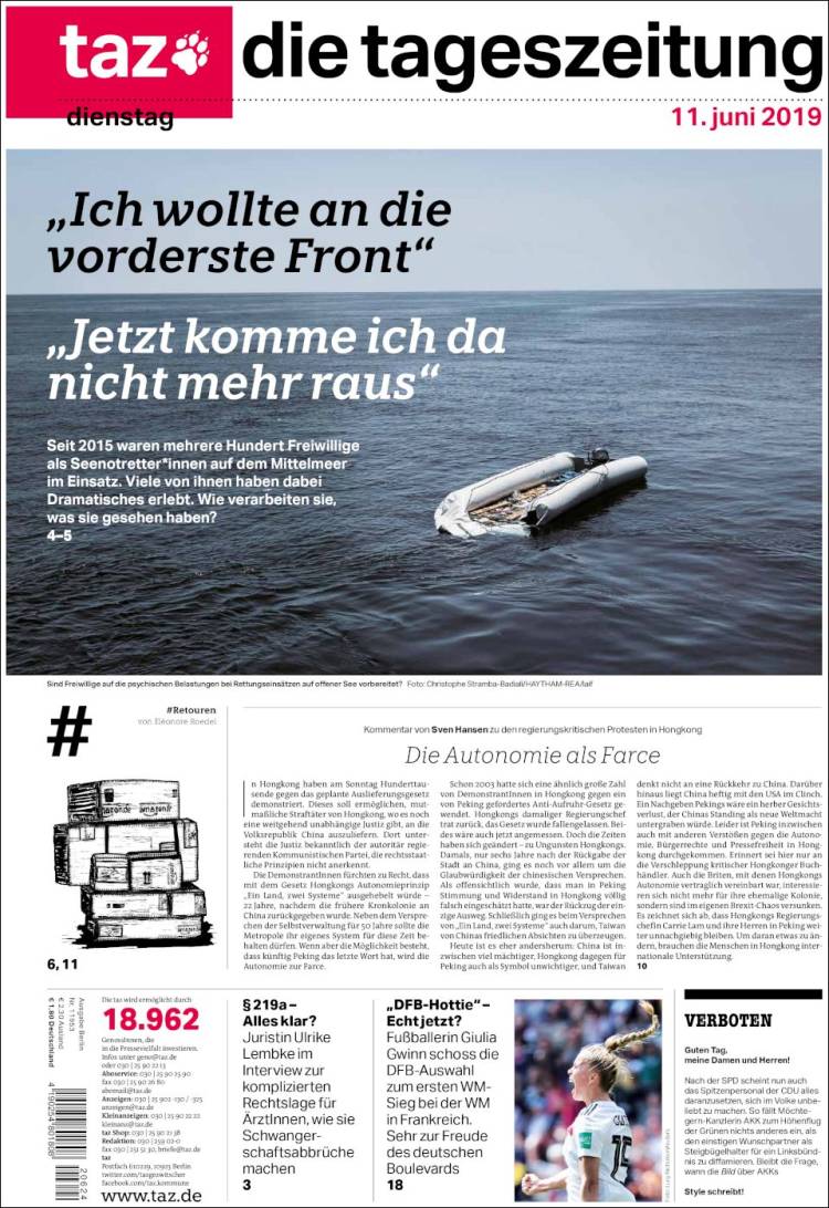 Portada de Die Tageszeitung (Alemania)