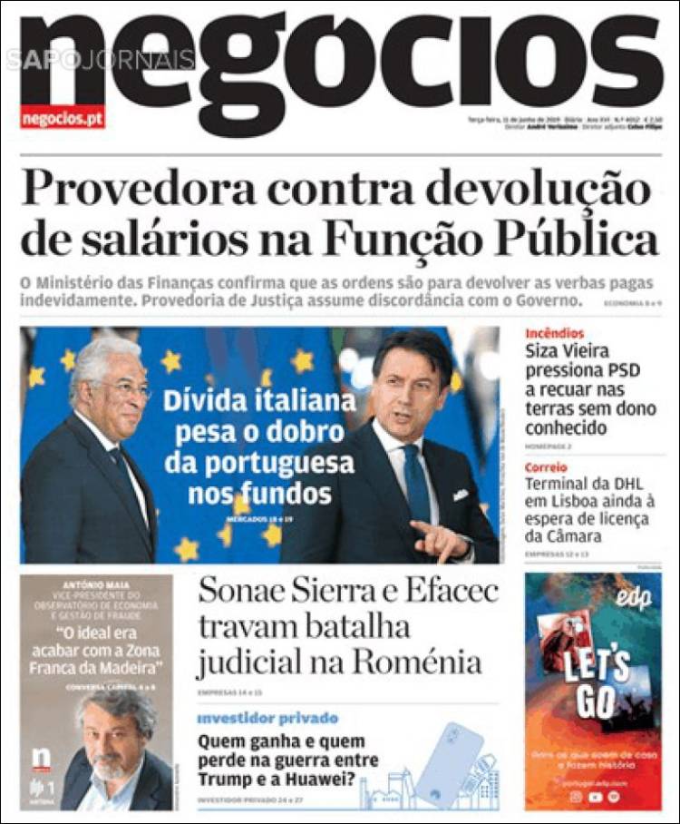 Portada de Jornal de Negócios (Portugal)