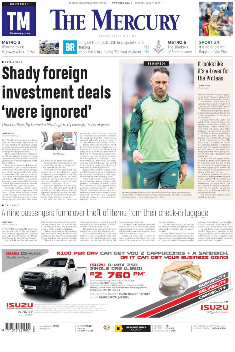 Portada de The Mercury (Sud&aacute;frica)