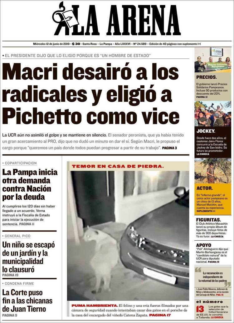 Portada de Diario La Arena (Argentina)