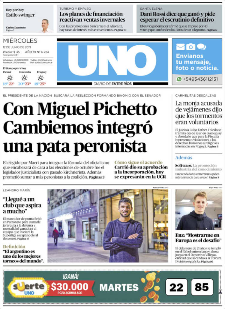 Portada de Diario Uno de Entre Ríos (Argentina)