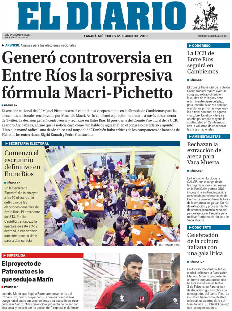 Portada de El Diario de Paraná (Argentina)