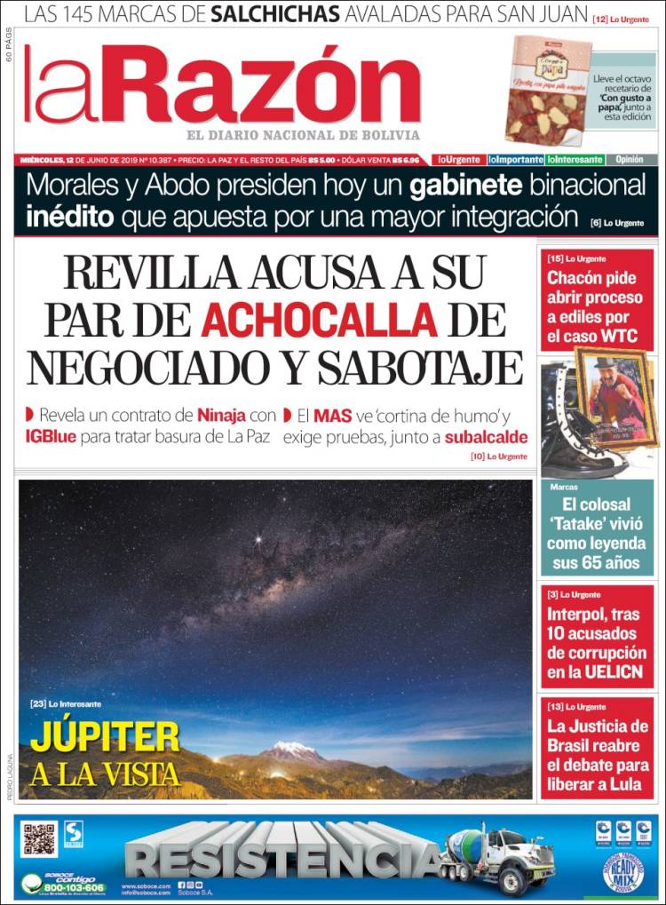 Portada de La Razón (Bolivia)