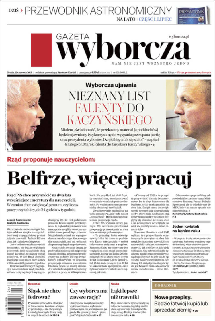 Portada de Gazeta Wyborcza (Pologne)