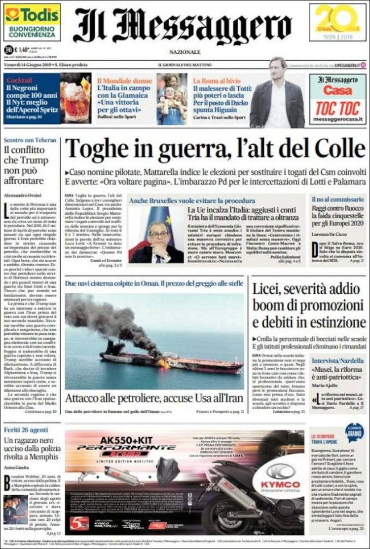 Portada de Il Messaggero (Italia)