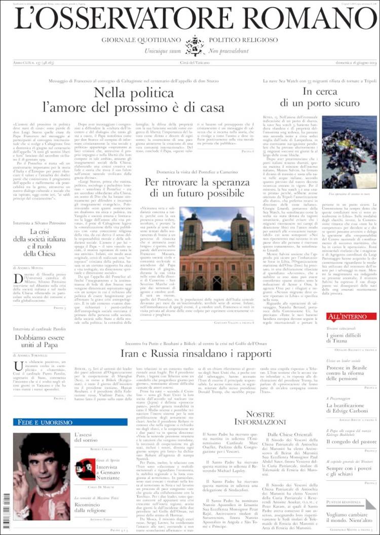 Portada de L'Osservatore Romano (Italie)
