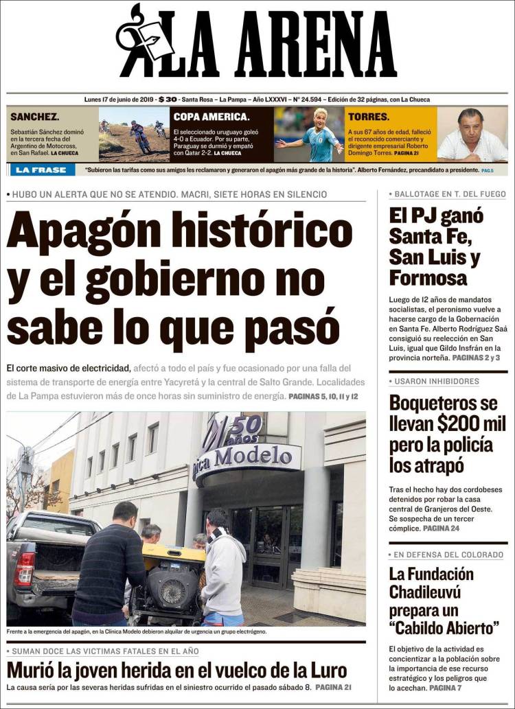 Portada de Diario La Arena (Argentina)