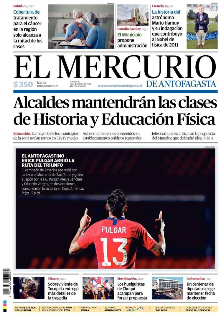 Portada de El Mercurio de Antofagasta (Chile)