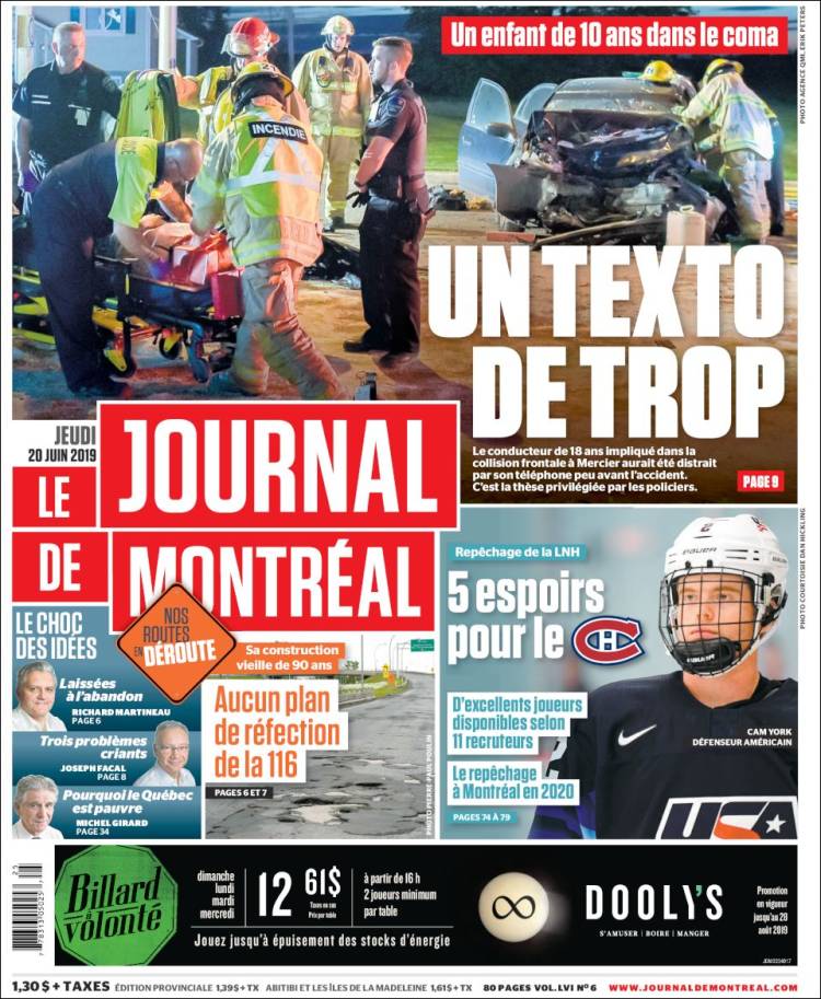 Portada de Le Journal de Montréal (Canadá)