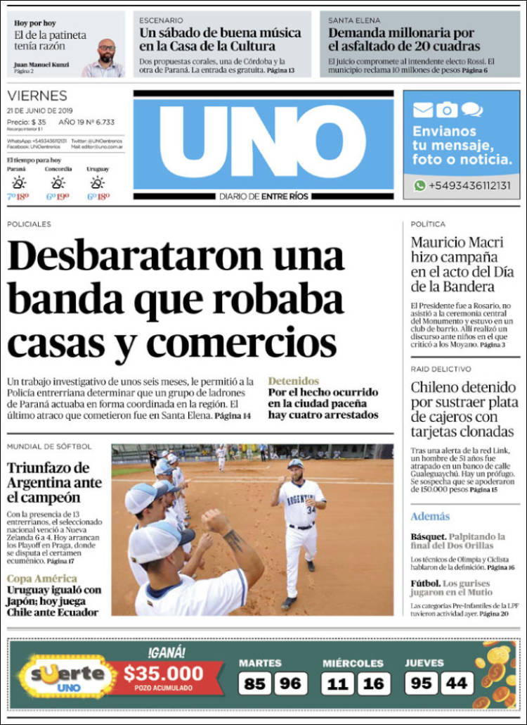 Portada de Diario Uno de Entre Ríos (Argentina)