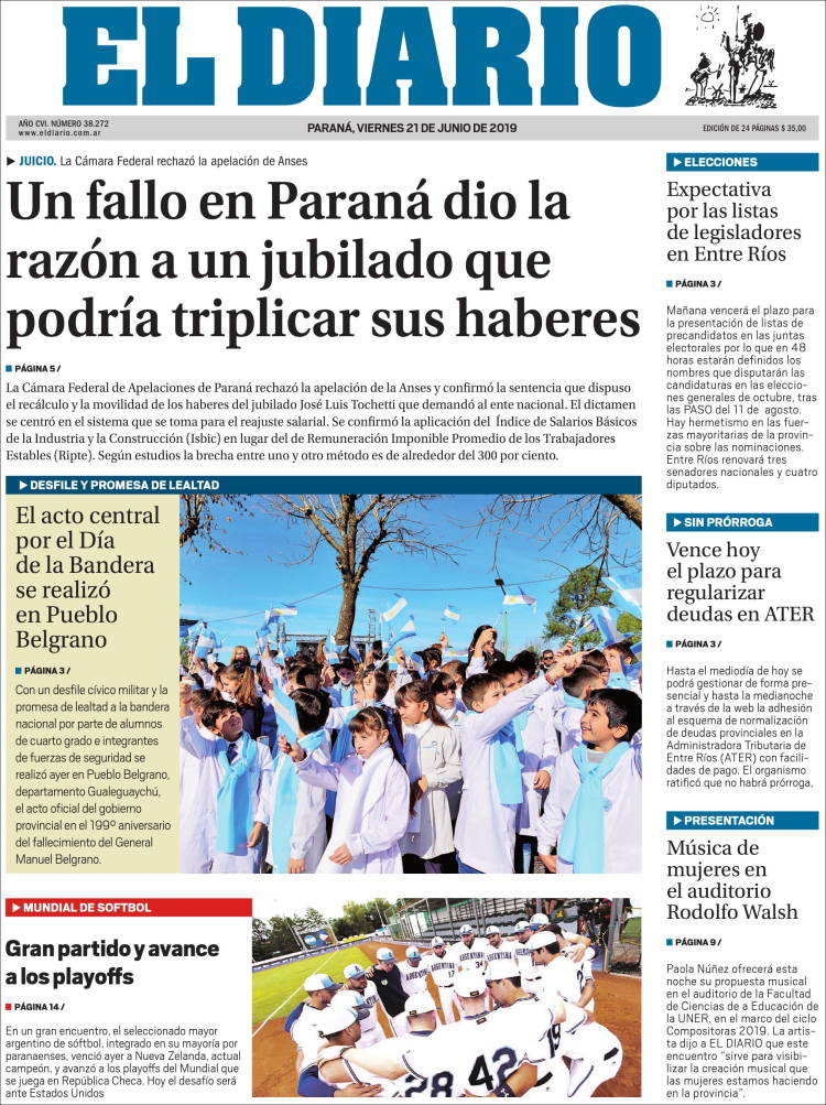 Portada de El Diario de Paraná (Argentina)