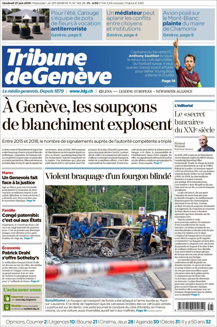 Portada de La Tribune de Genève (Suiza)
