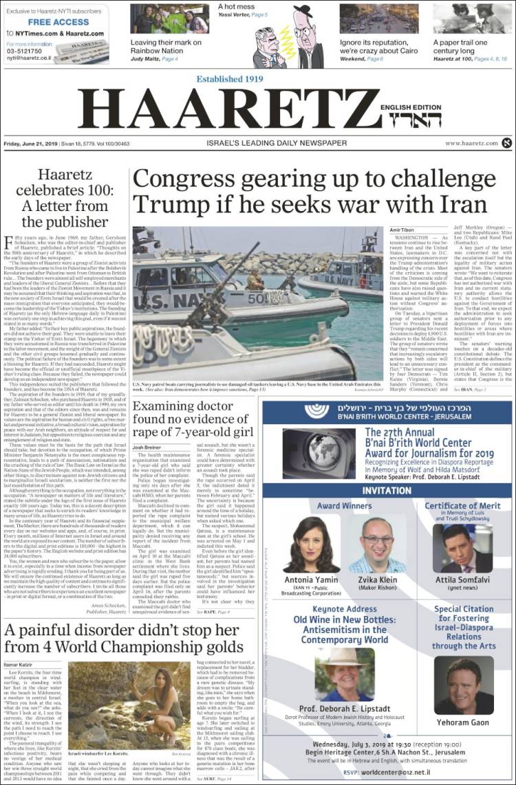Portada de Haaretz (Israel)