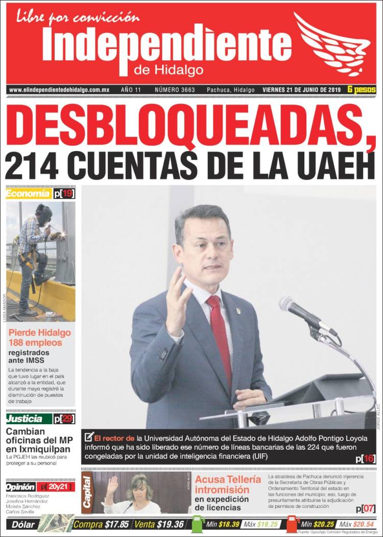 Portada de El Independiente de Hidalgo (M&eacute;xico)